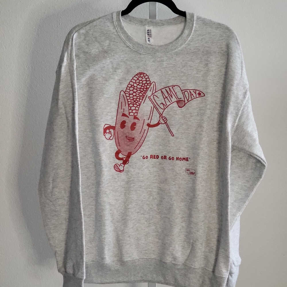 Jerzees Gray and Red Graphic Crewneck Sweater. New Without Tag